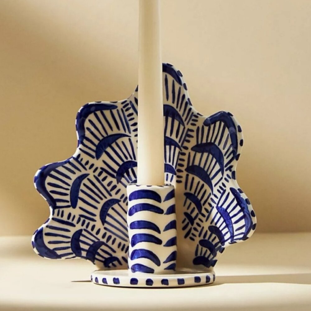 Brand New Anthropologie Lucie de Moyencourt Blue and White Shell Candle Holder